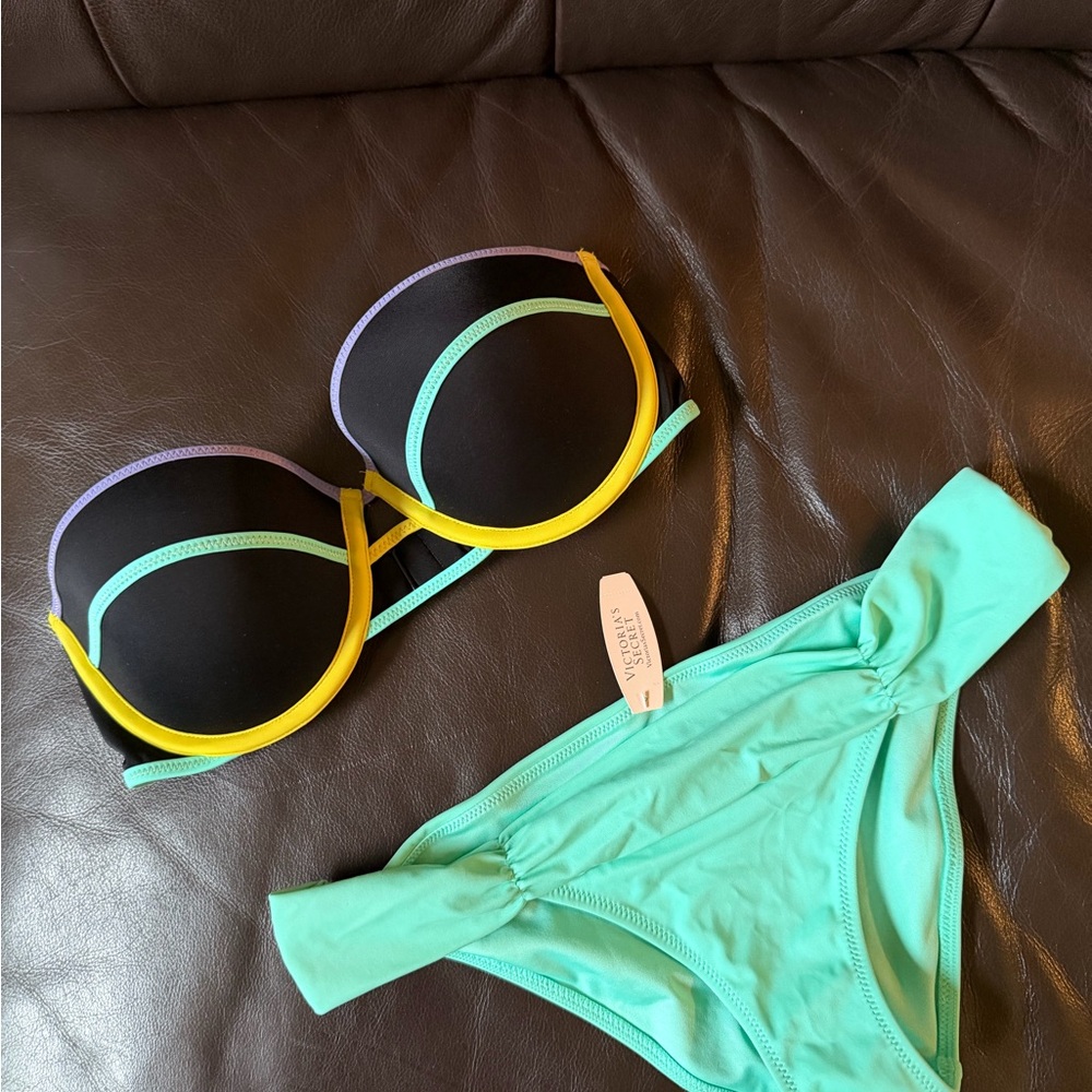 Black Bikini Top with Mint & Yellow Accents + Mint Bikini Bottom